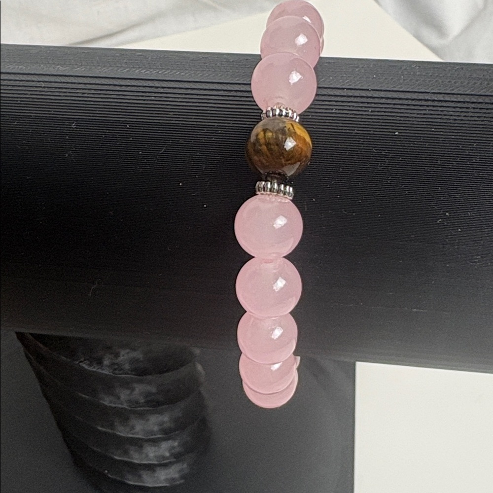 Tigers Eye 10mm Pink Rose Glass Stretch Bracelet Handmade